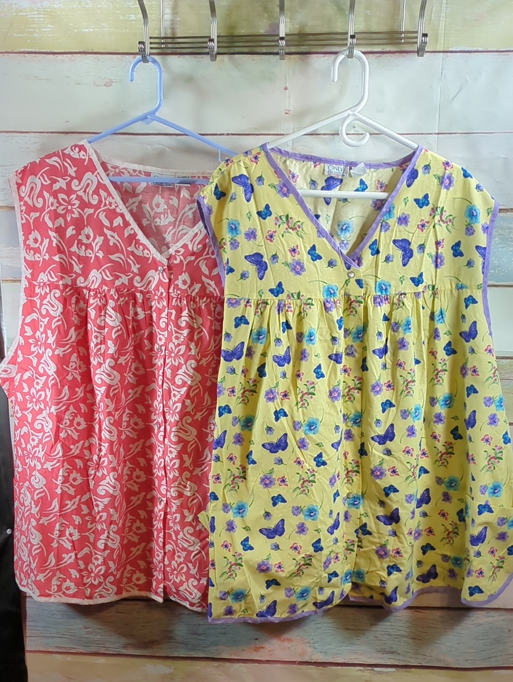 Only Necessities Yellow Butterfly Print & Pink Floral V-Neck Tunics Lot Of 2